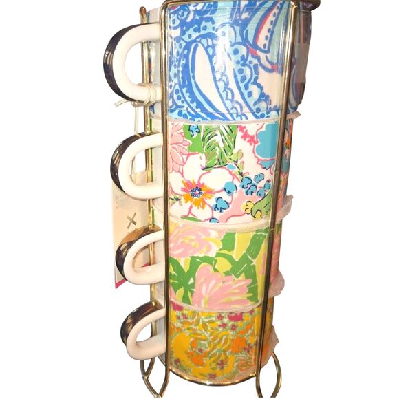 Lilly Pulitzer X Target Four Colorful Stacking Espresso Coffee Cups W/ Caddy NWT - Picture 9 of 16